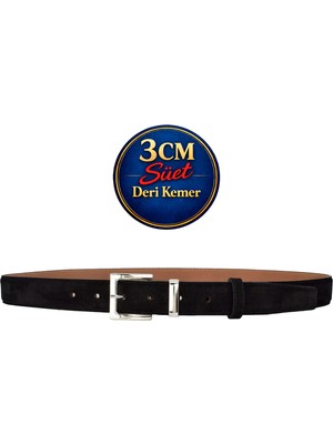 GoDeri Hakiki Deri, 3 cm Gümüş Renk Takım Tokalı, Siyah Süet, Dikişli Klasik Kadın Kemeri, 3CMKLA48
