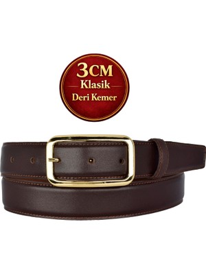 GoDeri Hakiki Deri, 3 cm Gold Renk Tokalı, Koyu Kahverengi, Dikişli Klasik Kadın Kemeri, 3CMKLA50