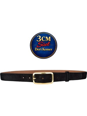 GoDeri Hakiki Deri, 3 cm Gold Renk Tokalı, Siyah Süet, Dikişli Klasik Kadın Kemeri, 3CMKLA50