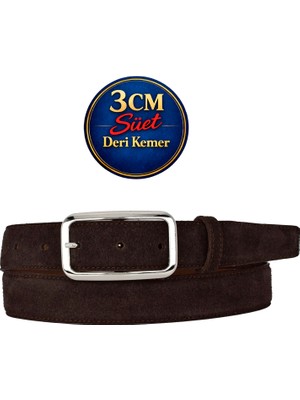 GoDeri Hakiki Deri, 3 cm Gümüş Renk Tokalı, Koyu Kahverengi Süet, Dikişli Klasik Kadın Kemeri, 3CMKLA50