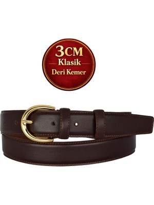 GoDeri Hakiki Deri, 3 cm Gold Renk Tokalı, Koyu Kahverengi, Dikişli Klasik Kadın Kemeri, 3CMKLA02
