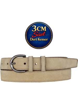 GoDeri Hakiki Deri, 3 cm Siyah Nikel Renk Tokalı, Krem Süet, Dikişli Klasik Kadın Kemeri, 3CMKLA03