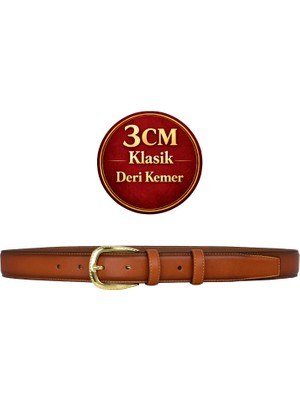 GoDeri Hakiki Deri, 3 cm Gold Renk Tokalı, Taba, Dikişli Klasik Kadın Kemeri, 3CMKLA31