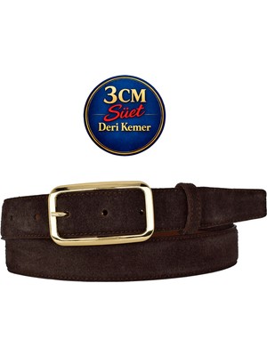 GoDeri Hakiki Deri, 3 cm Gold Renk Tokalı, Koyu Kahverengi Süet, Dikişli Klasik Kadın Kemeri, 3CMKLA50
