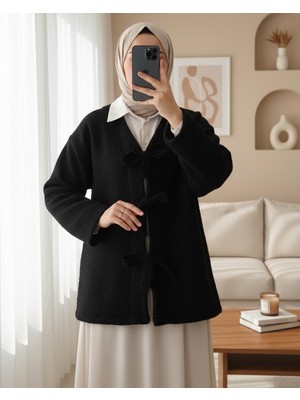 Modamorfo Önü Bağlamalı Kırçıllı Kaşe Ceket -Siyah