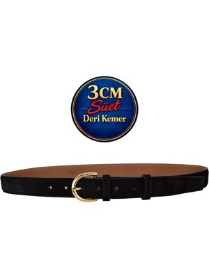 GoDeri Hakiki Deri, 3 cm Gold Renk Tokalı, Siyah Süet, Dikişli Klasik Kadın Kemeri, 3CMKLA02