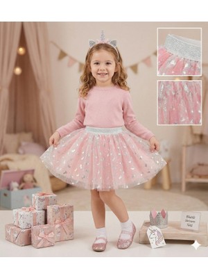 Dudese Kız Çocuk Pembe Simli Unicorn Tütü Etek