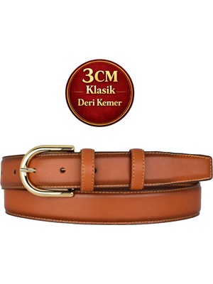 GoDeri Hakiki Deri, 3 cm Gold Renk Tokalı, Taba, Dikişli Klasik Kadın Kemeri, 3CMKLA22