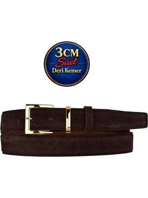 GoDeri Hakiki Deri, 3 cm Gold Renk Takım Tokalı, Koyu Kahverengi Süet, Dikişli Klasik Kadın Kemeri, 3CMKL47