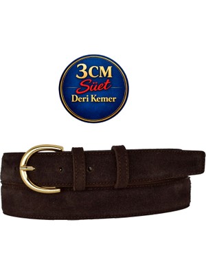 GoDeri Hakiki Deri, 3 cm Gold Renk Tokalı, Koyu Kahverengi Süet, Dikişli Klasik Kadın Kemeri, 3CMKLA02