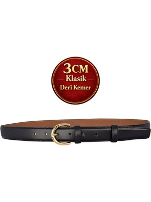 GoDeri Hakiki Deri, 3 cm Gold Renk Tokalı, Siyah, Dikişli Klasik Kadın Kemeri, 3CMKLA02