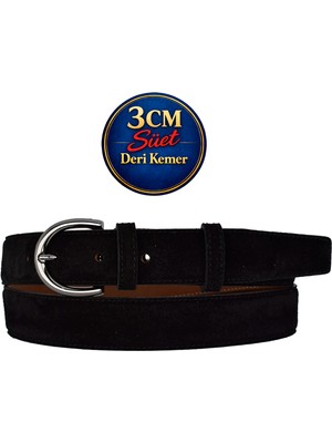 GoDeri Hakiki Deri, 3 cm Siyah Nikel Renk Tokalı, Siyah Süet, Dikişli Klasik Kadın Kemeri, 3CMKLA03