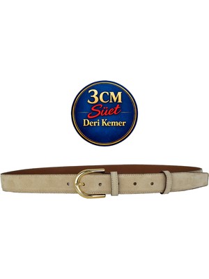 GoDeri Hakiki Deri, 3 cm Gold Renk Tokalı, Krem Süet, Dikişli Klasik Kadın Kemeri, 3CMKLA22