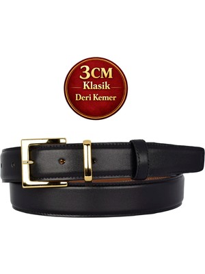 GoDeri Hakiki Deri, 3 cm Gold Renk Takım Tokalı, Siyah, Dikişli Klasik Kadın Kemeri, 3CMKLA47