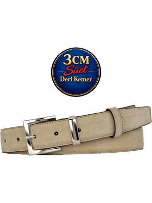 GoDeri Hakiki Deri, 3 cm Gümüş Renk Takım Tokalı, Krem Süet, Dikişli Klasik Kadın Kemeri, 3CMKLA48