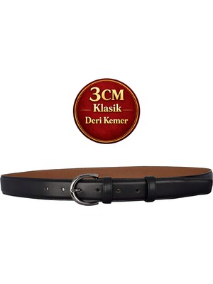 GoDeri Hakiki Deri, 3 cm Siyah Nikel Renk Tokalı, Siyah, Dikişli Klasik Kadın Kemeri, 3CMKLA03