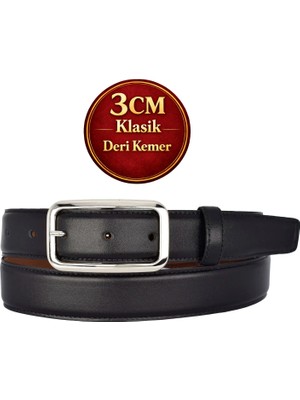 GoDeri Hakiki Deri, 3 cm Gümüş Renk Tokalı, Siyah, Dikişli Klasik Kadın Kemeri, 3CMKLA50