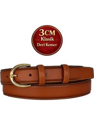 GoDeri Hakiki Deri, 3 cm Gold Renk Tokalı, Taba, Dikişli Klasik Kadın Kemeri, 3CMKLA02