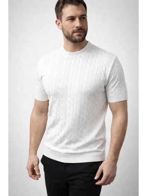 Beruflic Erkek Yazlık Triko Dokuma Tişört Kısa Kol Bisiklet Yaka Örgü Desenli T-Shirt - Beyaz