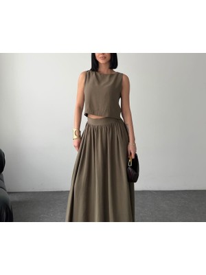 Kadın Modal Kumaş Crop Bluz - Yüksek Bel Uzun Etek Ikili Takım