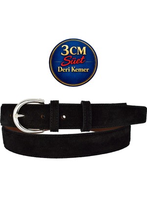 GoDeri Hakiki Deri, 3 cm Gümüş Renk Tokalı, Siyah Süet, Dikişli Klasik Kadın Kemeri, 3CMKLA01