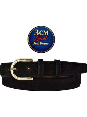 GoDeri Hakiki Deri, 3 cm Gold Renk Tokalı, Siyah Süet, Dikişli Klasik Kadın Kemeri, 3CMKLA22
