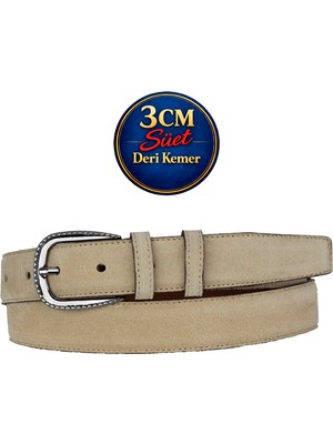 GoDeri Hakiki Deri, 3 cm Siyah Nikel Renk Tokalı, Krem Süet, Dikişli Klasik Kadın Kemeri, 3CMKLA30
