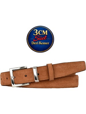 GoDeri Hakiki Deri, 3 cm Gümüş Renk Takım Tokalı, Tarçın Süet, Dikişli Klasik Kadın Kemeri, 3CMKLA48
