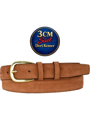 GoDeri Hakiki Deri, 3 cm Gold Renk Tokalı, Tarçın Süet, Dikişli Klasik Kadın Kemeri, 3CMKLA31