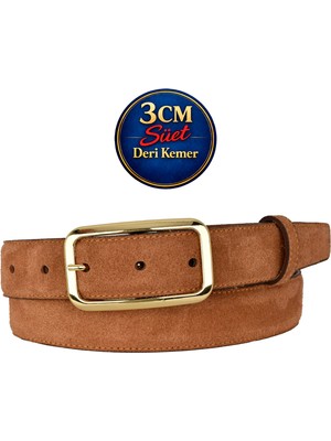 GoDeri Hakiki Deri, 3 cm Gold Renk Tokalı, Tarçın Süet, Dikişli Klasik Kadın Kemeri, 3CMKLA50