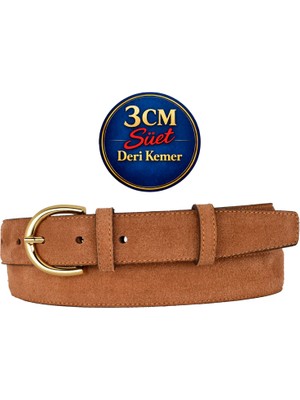 GoDeri Hakiki Deri, 3 cm Gold Renk Tokalı, Tarçın Süet, Dikişli Klasik Kadın Kemeri, 3CMKLA02