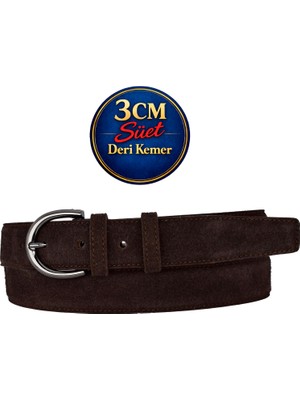 GoDeri Hakiki Deri, 3 cm Siyah Nikel Renk Tokalı, Koyu Kahverengi Süet, Dikişli Klasik Kadın Kemeri, 3CMK03