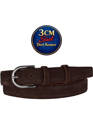 GoDeri Hakiki Deri, 3 cm Siyah Nikel Renk Tokalı, Koyu Kahverengi Süet, Dikişli Klasik Kadın Kemeri, 3CMK21