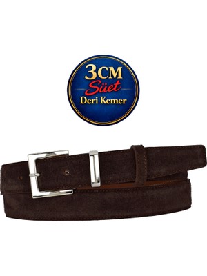 GoDeri Hakiki Deri, 3 cm Gümüş Renk Takım Tokalı, Koyu Kahverengi Süet, Dikişli Klasik Kadın Kemeri, 3CMK48