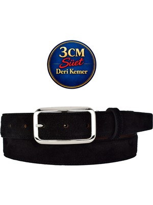 GoDeri Hakiki Deri, 3 cm Gümüş Renk Tokalı, Siyah Süet, Dikişli Klasik Kadın Kemeri, 3CMKLA50