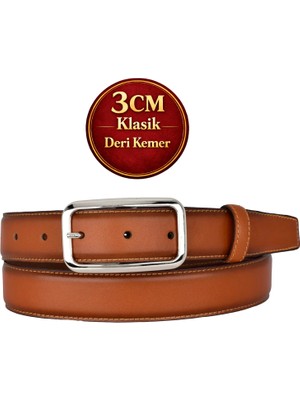 GoDeri Hakiki Deri, 3 cm Gümüş Renk Tokalı, Taba, Dikişli Klasik Kadın Kemeri, 3CMKLA50