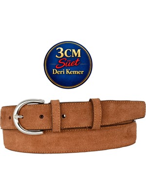 GoDeri Hakiki Deri, 3 cm Gümüş Renk Tokalı, Tarçın Süet, Dikişli Klasik Kadın Kemeri, 3CMKLA01