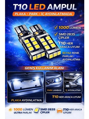 Duolight T10 W5W Canbus LED Ampul, 12V, Saf Beyaz, Park ve Iç Aydınlatma, Kristal Parlaklık, Arıza Lambası Yakmaz, 2 Adet