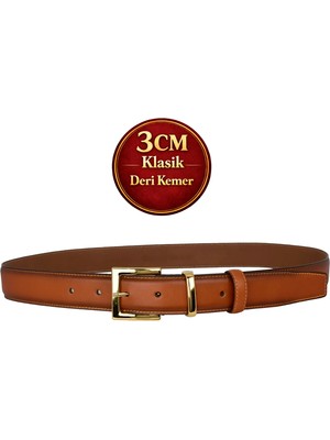 GoDeri Hakiki Deri, 3 cm Gold Renk Takım Tokalı, Taba, Dikişli Klasik Kadın Kemeri, 3CMKLA47