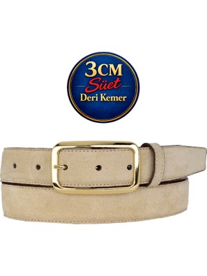 GoDeri Hakiki Deri, 3 cm Gold Renk Tokalı, Krem Süet, Dikişli Klasik Kadın Kemeri, 3CMKLA50