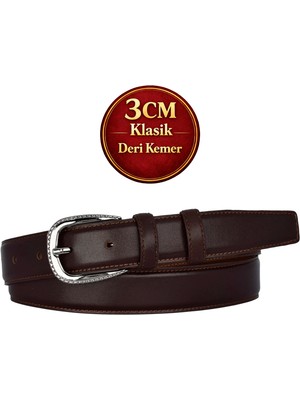 GoDeri Hakiki Deri, 3 cm Siyah Nikel Renk Tokalı, Koyu Kahverengi, Dikişli Klasik Kadın Kemeri, 3CMKLA30
