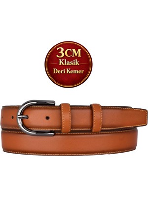 GoDeri Hakiki Deri, 3 cm Siyah Nikel Renk Tokalı, Taba, Dikişli Klasik Kadın Kemeri, 3CMKLA21