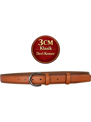 GoDeri Hakiki Deri, 3 cm Siyah Nikel Renk Tokalı, Taba, Dikişli Klasik Kadın Kemeri, 3CMKLA03