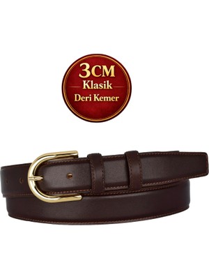 GoDeri Hakiki Deri, 3 cm Gold Renk Tokalı, Koyu Kahverengi, Dikişli Klasik Kadın Kemeri, 3CMKLA22