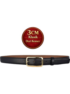 GoDeri Hakiki Deri, 3 cm Gold Renk Tokalı, Siyah, Dikişli Klasik Kadın Kemeri, 3CMKLA50