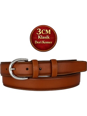 GoDeri Hakiki Deri, 3 cm Gümüş Renk Tokalı, Taba, Dikişli Klasik Kadın Kemeri, 3CMKLA01