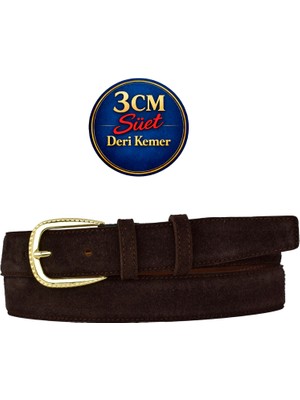 GoDeri Hakiki Deri, 3 cm Gold Renk Tokalı, Koyu Kahverengi Süet, Dikişli Klasik Kadın Kemeri, 3CMKLA31