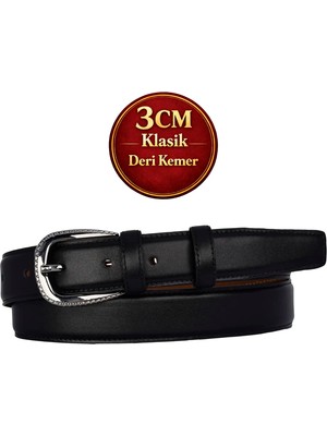 GoDeri Hakiki Deri, 3 cm Siyah Nikel Renk Tokalı, Siyah, Dikişli Klasik Kadın Kemeri, 3CMKLA30