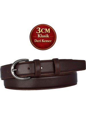 GoDeri Hakiki Deri, 3 cm Siyah Nikel Renk Tokalı, Koyu Kahverengi, Dikişli Klasik Kadın Kemeri, 3CMKLA03