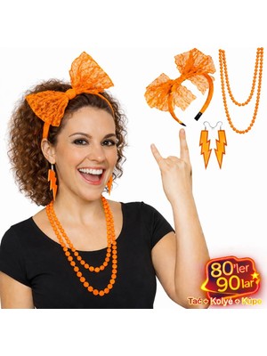 Aydogan's 80’ler 90’lar Neon Turuncu Parti Seti – Kolye Küpe Taç